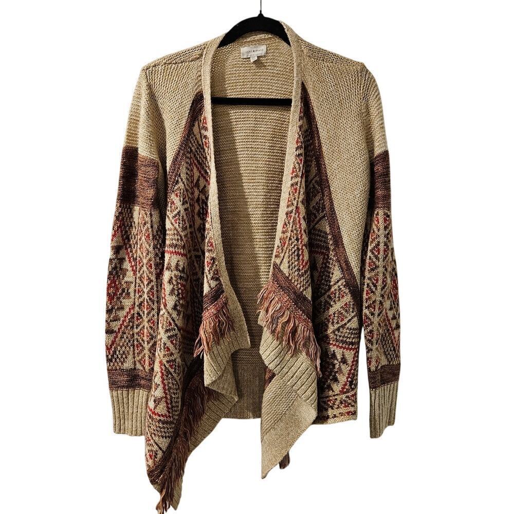 Lucky Brand Womens Knit Boho Fringe Cardigan Small Festival Draped Tan